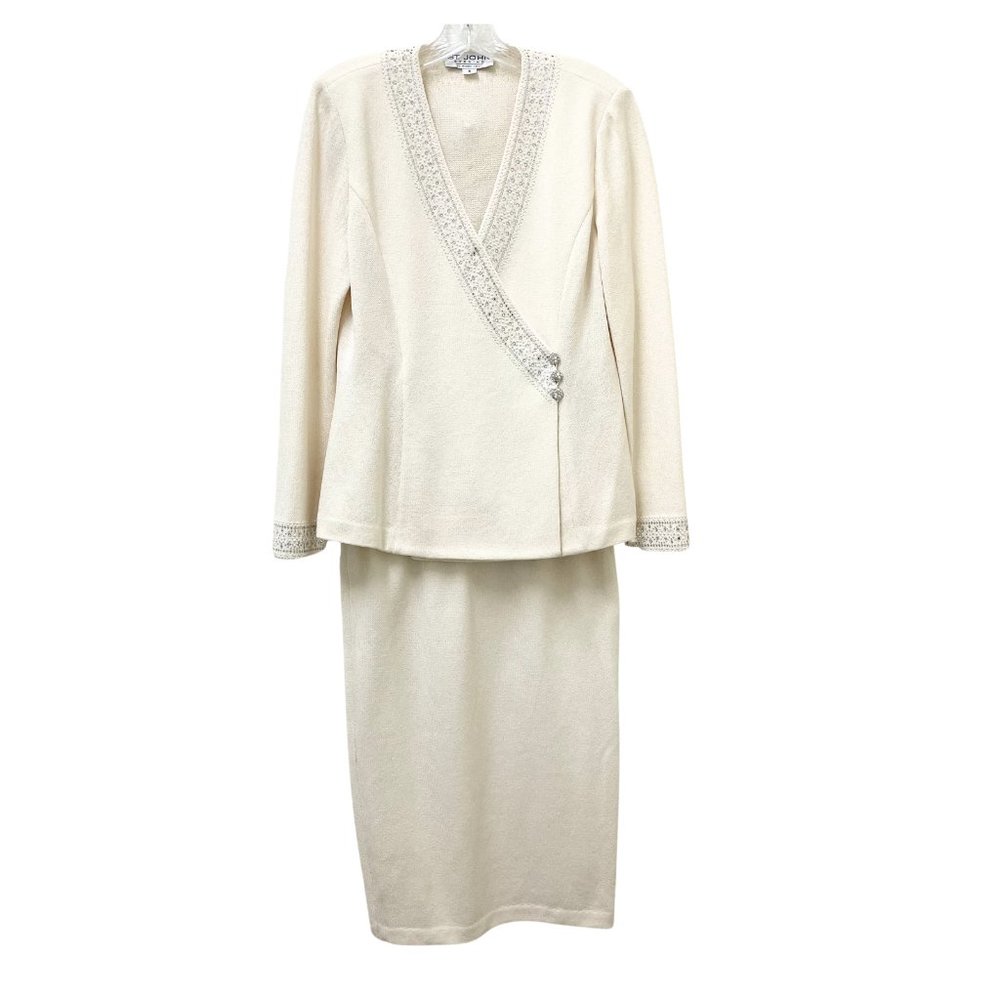 St John Evening 2-Pc Knit Suit/Creme/Pearl & Crystal Pailettes/Sz 6 & 8